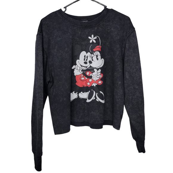 Disney Sweaters - Disney Mickey And Minnie Black Crop Raw Hem Crewneck Sweatshirt L